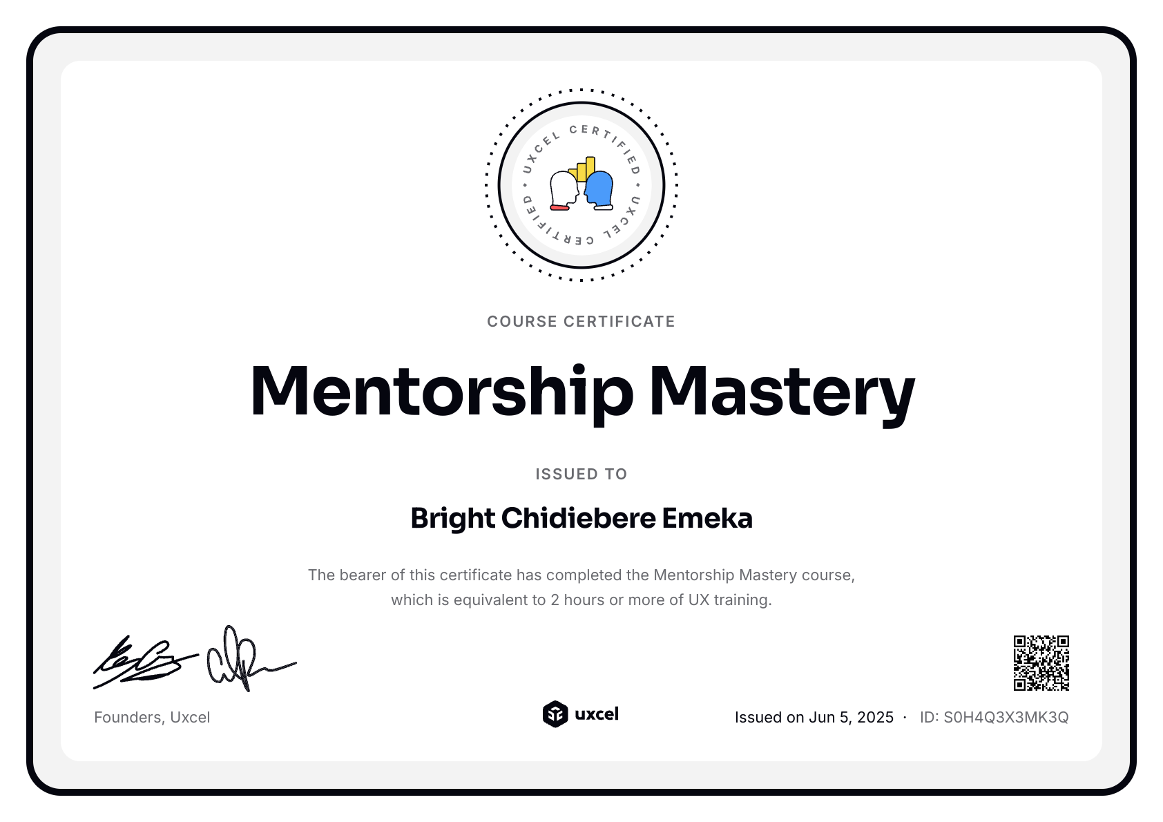 Bright Chidiebere Emeka's certificate